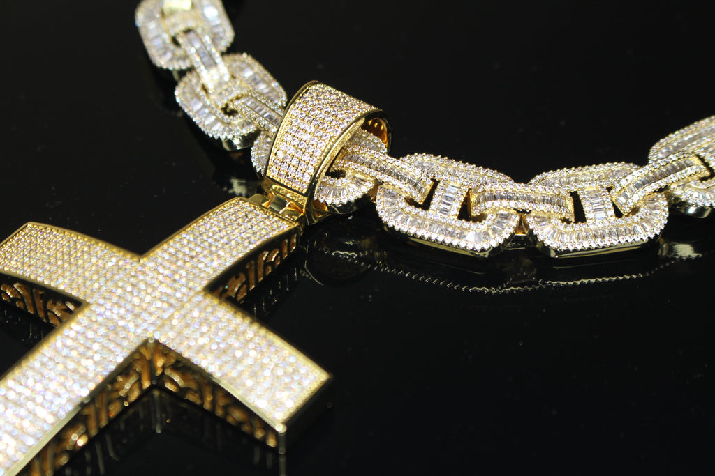 XXL CROSS 14mm Mariner Chain 96.8ct BAGUETTE Lab Sim VVS1 Diamond - GOLD