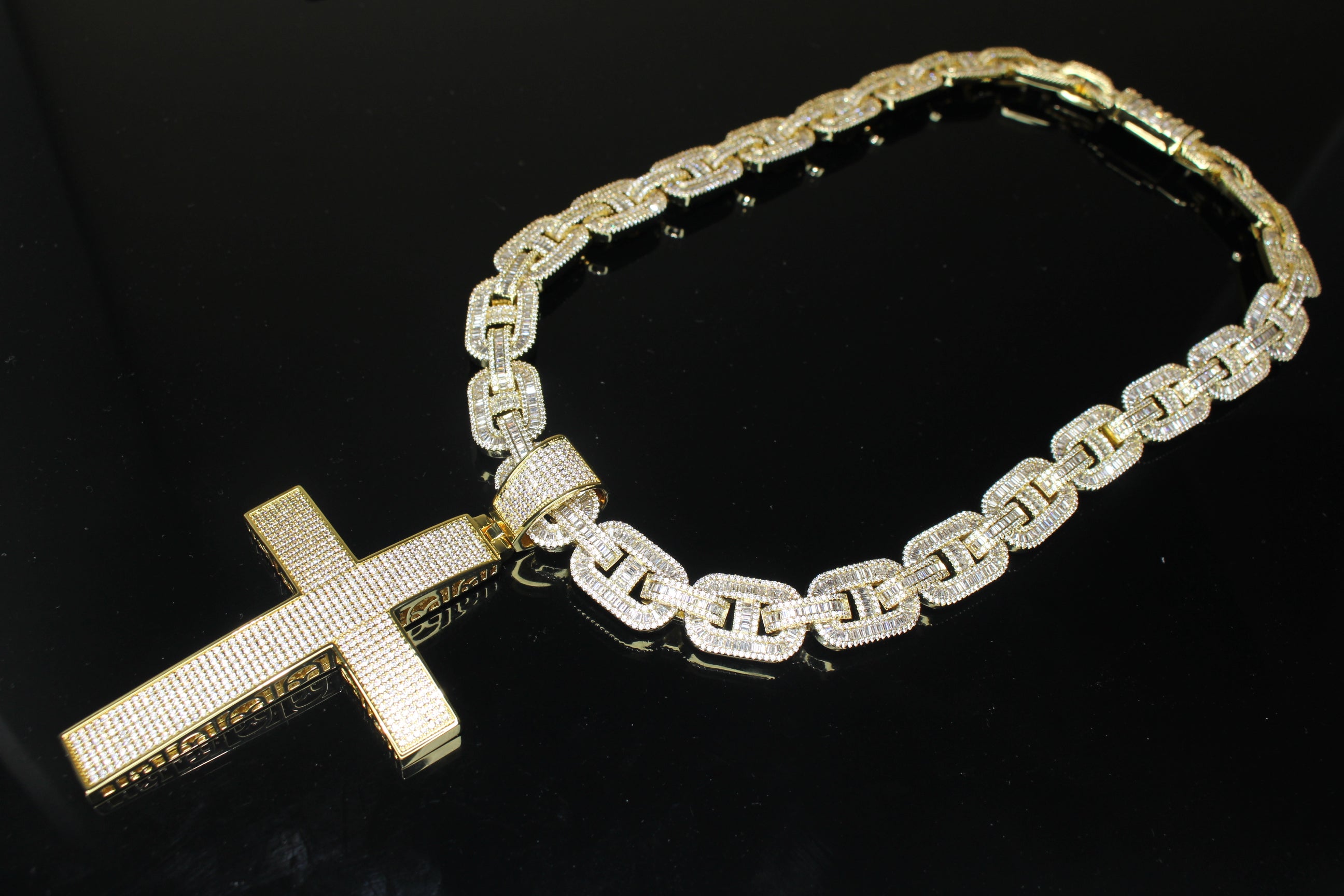 XXL CROSS 14mm Mariner Chain 96.8ct BAGUETTE Lab Sim VVS1 Diamond - GOLD