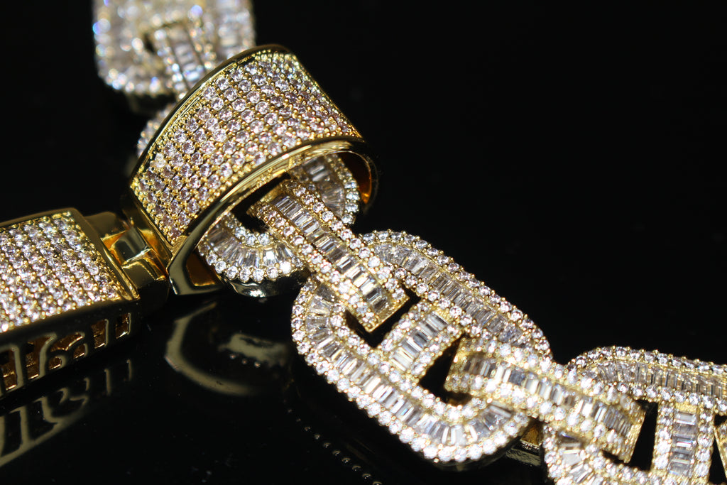 XXL CROSS 14mm Mariner Chain 96.8ct BAGUETTE Lab Sim VVS1 Diamond - GOLD