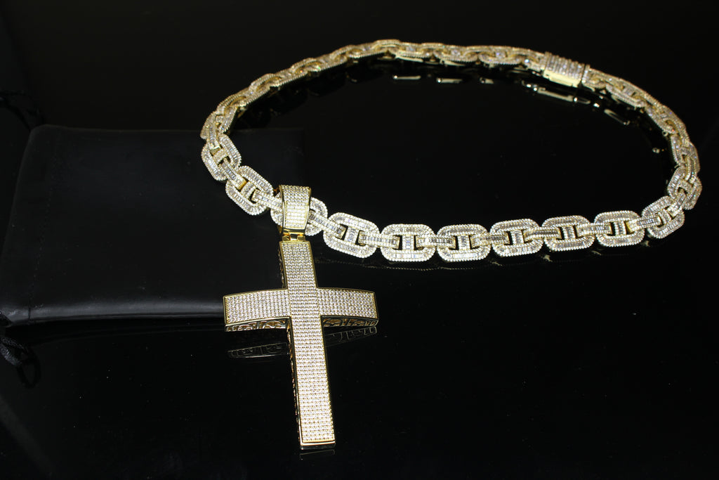 XXL CROSS 14mm Mariner Chain 96.8ct BAGUETTE Lab Sim VVS1 Diamond - GOLD