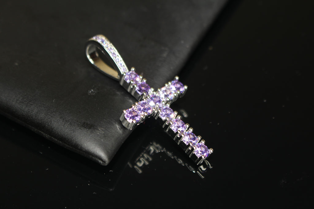4mm Purple Amethyst CROSS Pendant 3.6ct Lab Sim VVS1 Diamond Gem Sapphire
