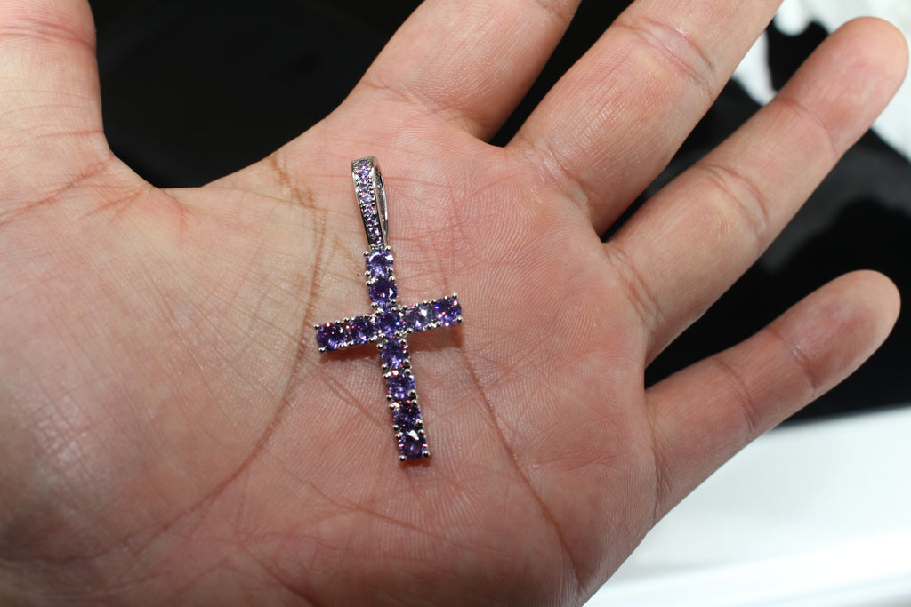 4mm Purple Amethyst CROSS Pendant 3.6ct Lab Sim VVS1 Diamond Gem Sapphire