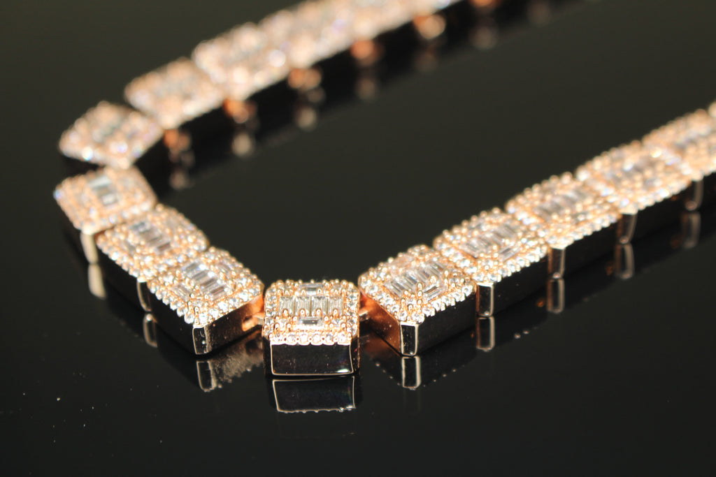 10mm Baguette Square Cushion-Cut Tennis Chain 124.6ct Lab Sim VVS1 Diamond Necklace - Rose Gold
