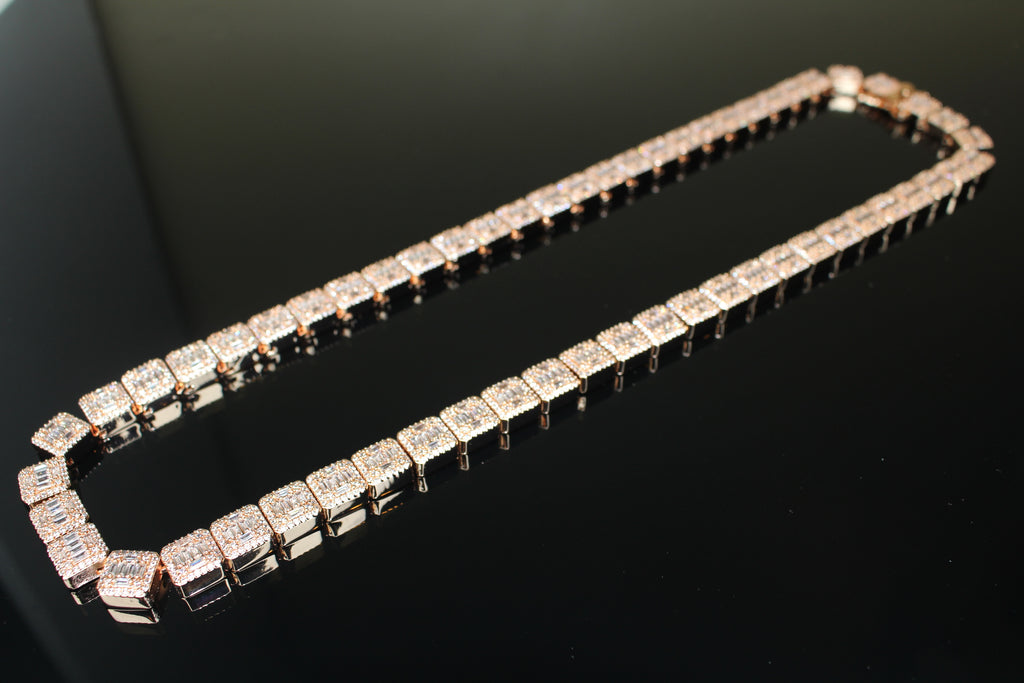 10mm Baguette Square Cushion-Cut Tennis Chain 124.6ct Lab Sim VVS1 Diamond Necklace - Rose Gold