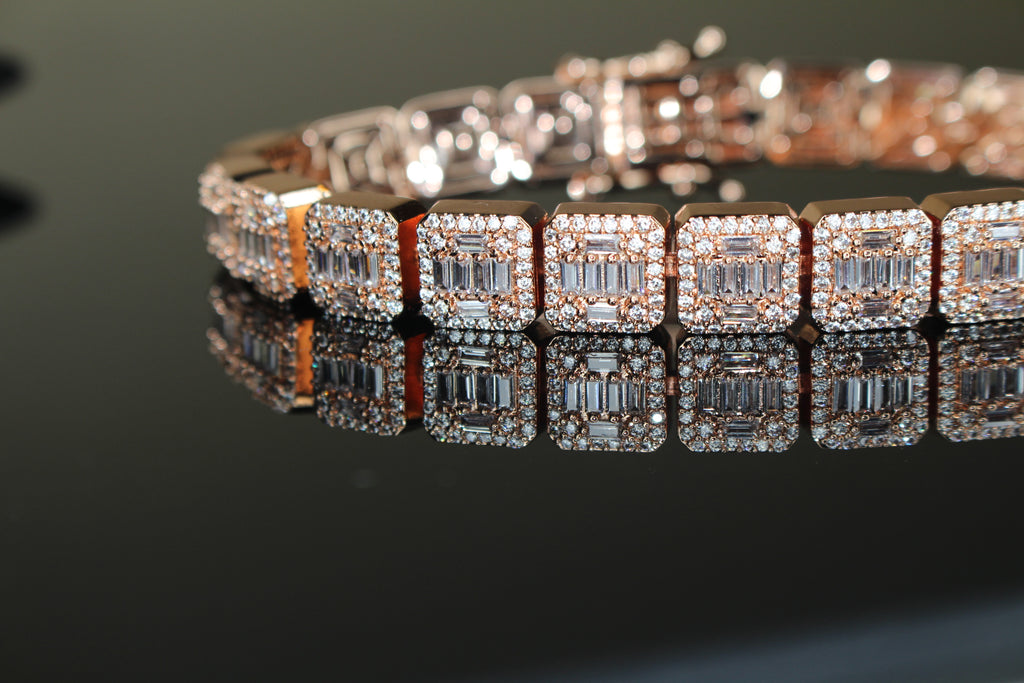 10mm Baguette Square Cushion-Cut Tennis Bracelet 18.6ct Lab Sim VVS1 Diamond  - Rose Gold