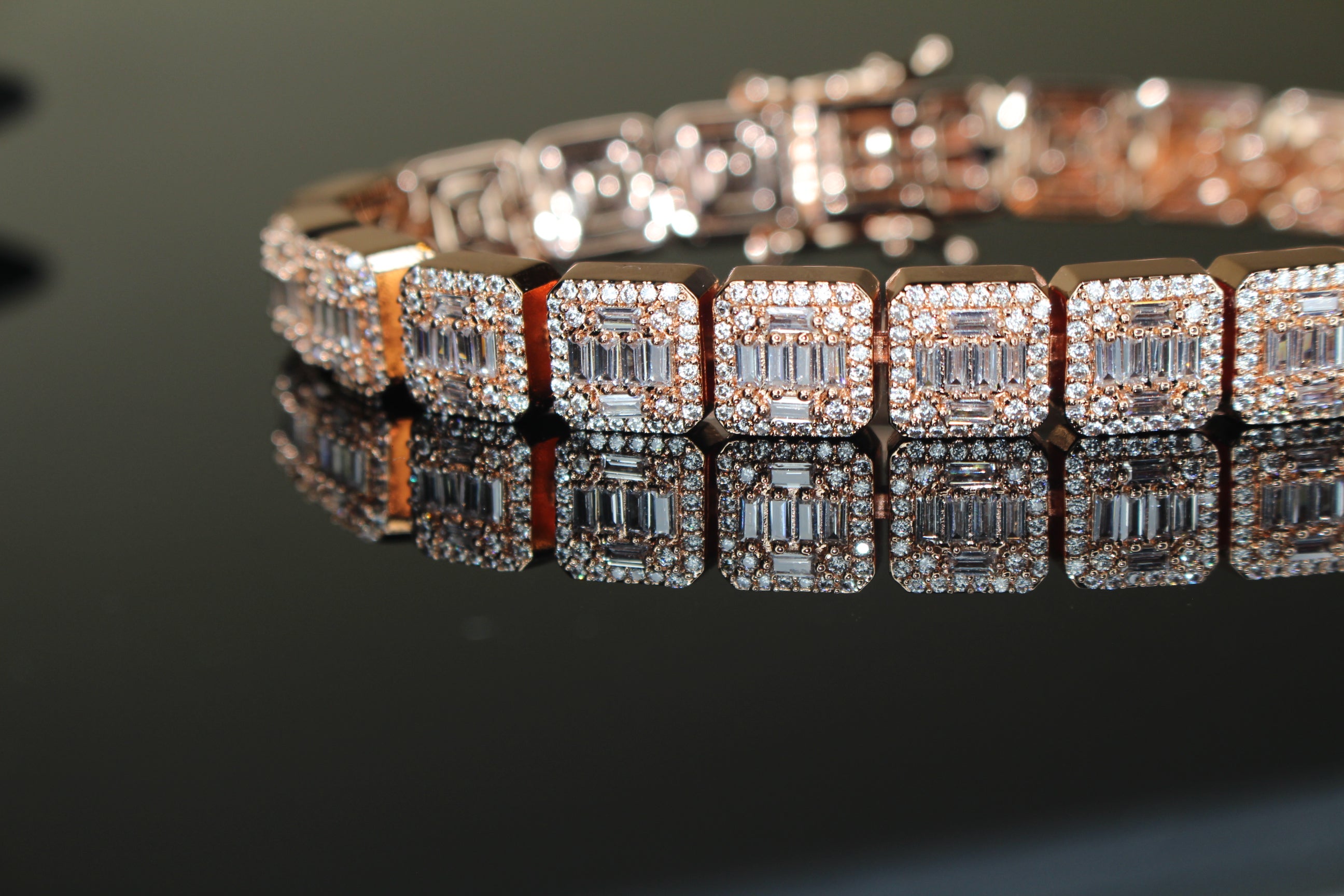 10mm Baguette Square Cushion-Cut Tennis Bracelet 18.6ct Lab Sim VVS1 Diamond  - Rose Gold