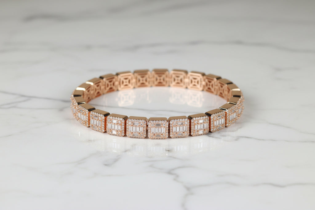 10mm Baguette Square Cushion-Cut Tennis Bracelet 18.6ct Lab Sim VVS1 Diamond  - Rose Gold
