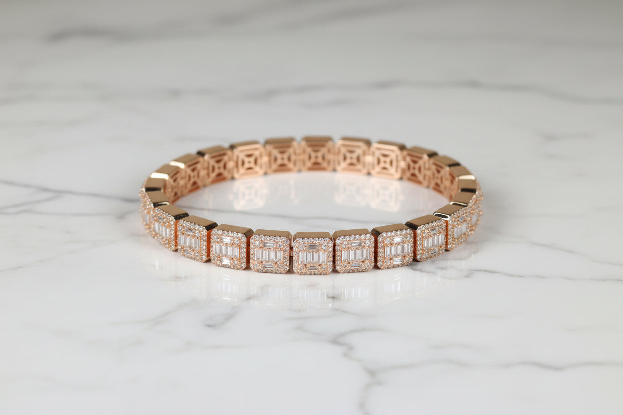 10mm Baguette Square Cushion-Cut Tennis Bracelet 18.6ct Lab Sim VVS1 Diamond  - Rose Gold