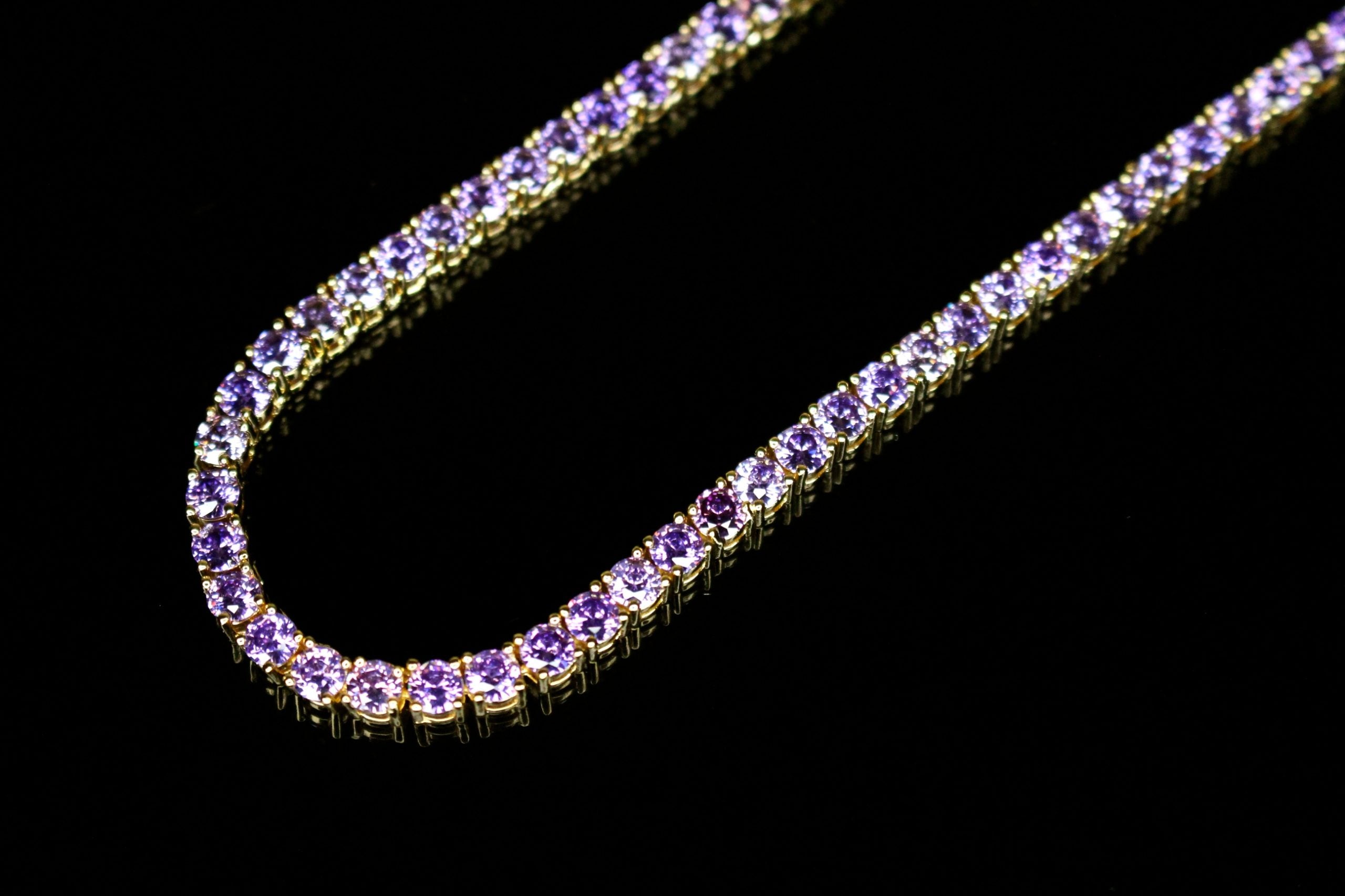 4mm Tennis Chain 70ct Lab Sim VVS1 Diamond Necklace - Purple Amethyst Gold