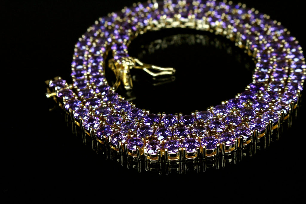 4mm Tennis Chain 70ct Lab Sim VVS1 Diamond Necklace - Purple Amethyst Gold