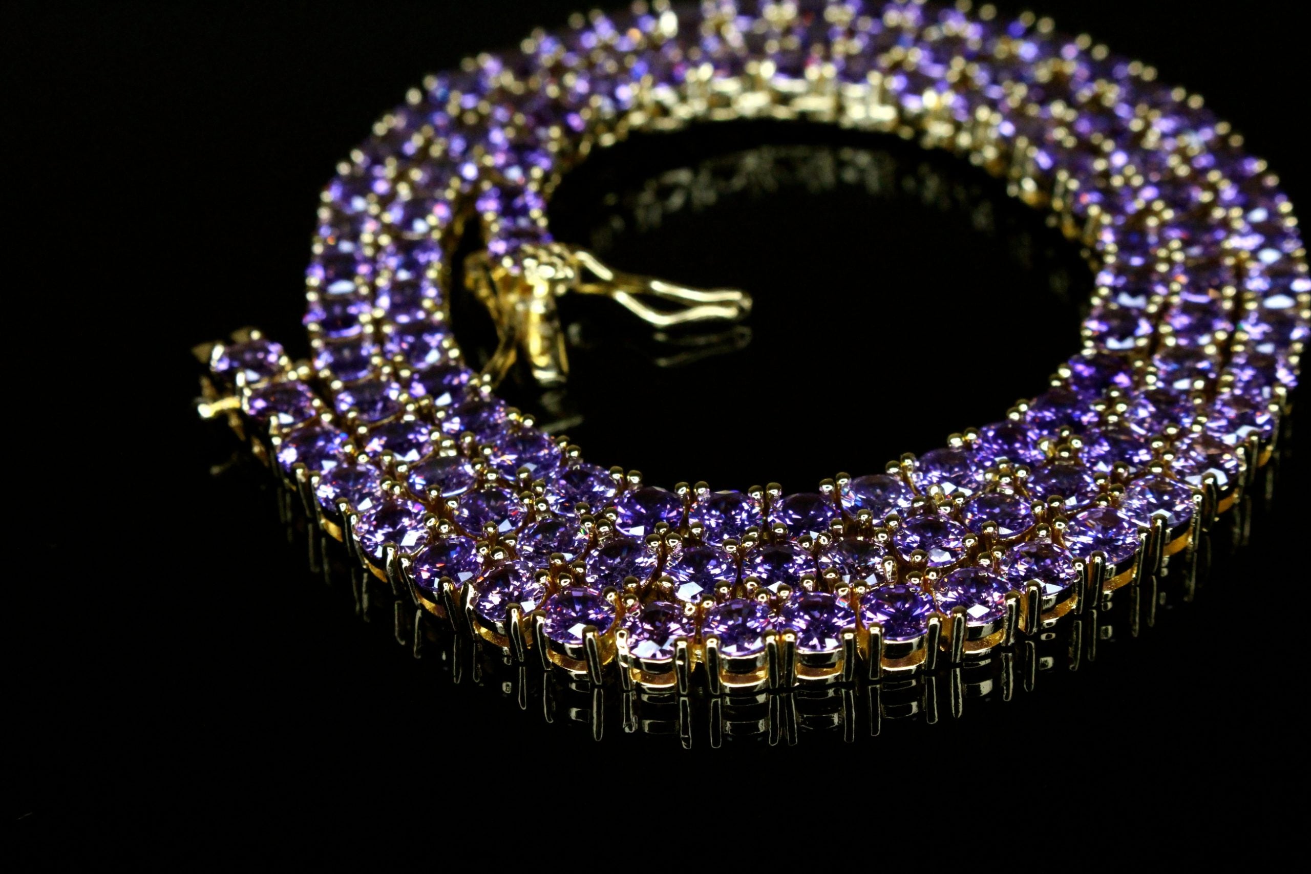 4mm Tennis Chain 70ct Lab Sim VVS1 Diamond Necklace - Purple Amethyst Gold