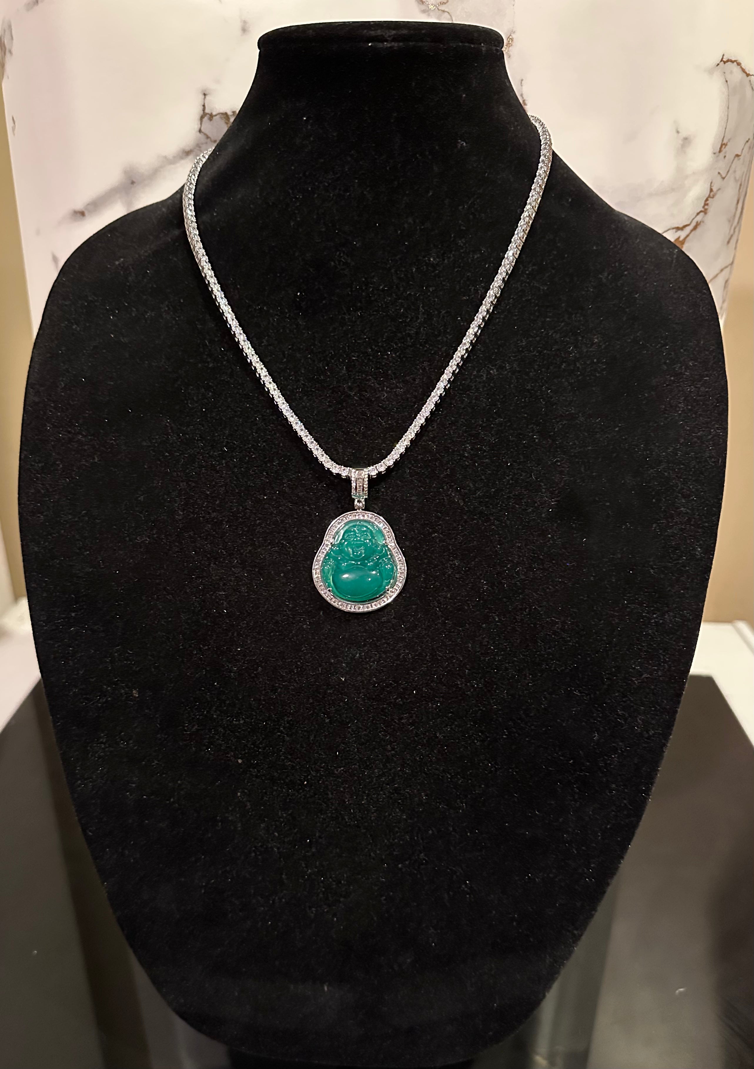 Happy Buddha Jade Pendant TENNIS 74ct Lab Sim BAGUETTE Diamond - GREEN