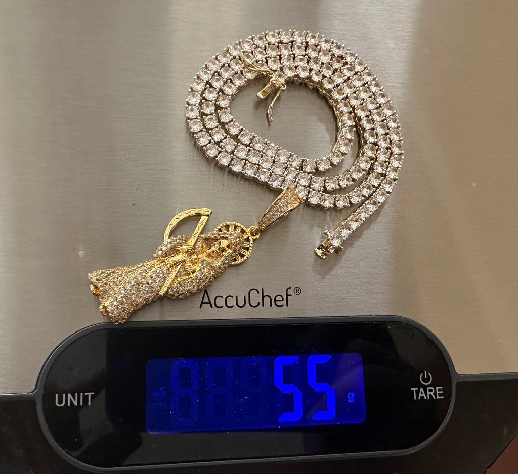 4mm Tennis Chain Necklace 62.8ct Lab Sim Diamond SANTA MUERTE Pendant Gold