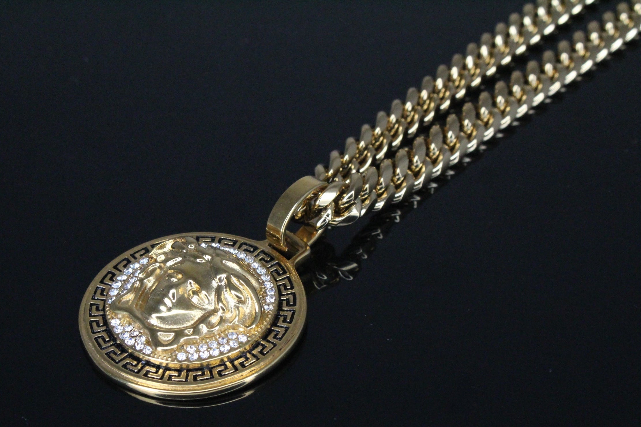 MEDUSA Versace Medallion Pendant Cuban Miami Lab Sim VVS1 Diamond Necklace Set