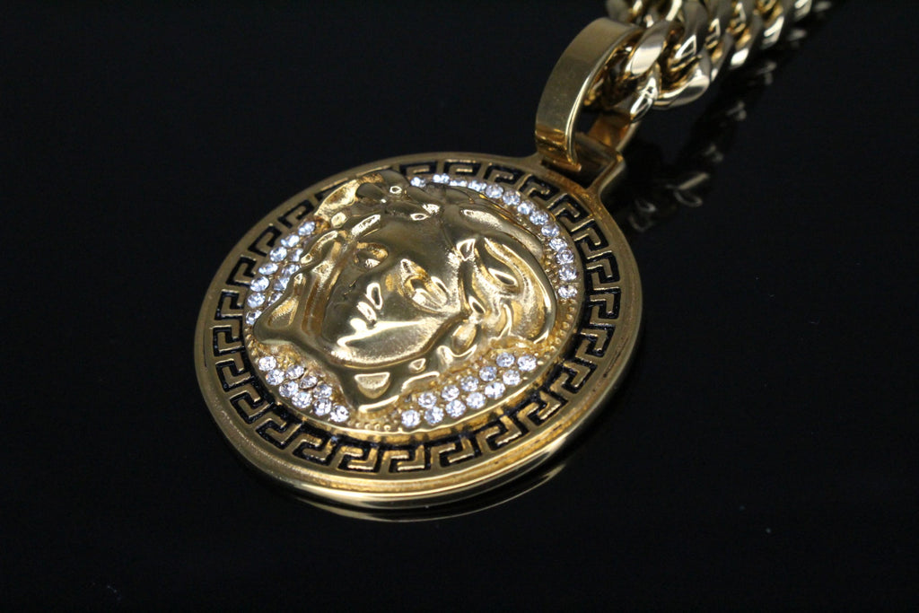 MEDUSA Versace Medallion Pendant Cuban Miami Lab Sim VVS1 Diamond Necklace Set