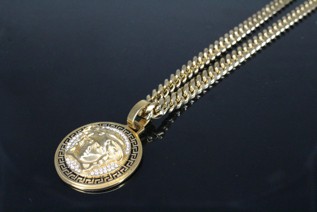 MEDUSA Versace Medallion Pendant Cuban Miami Lab Sim VVS1 Diamond Necklace Set