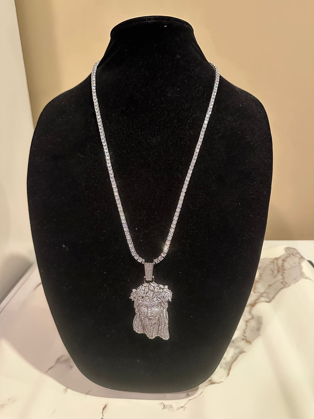 Large Jesus Pendant 79.8ct Lab Sim VVS1 Diamond Tennis Chain