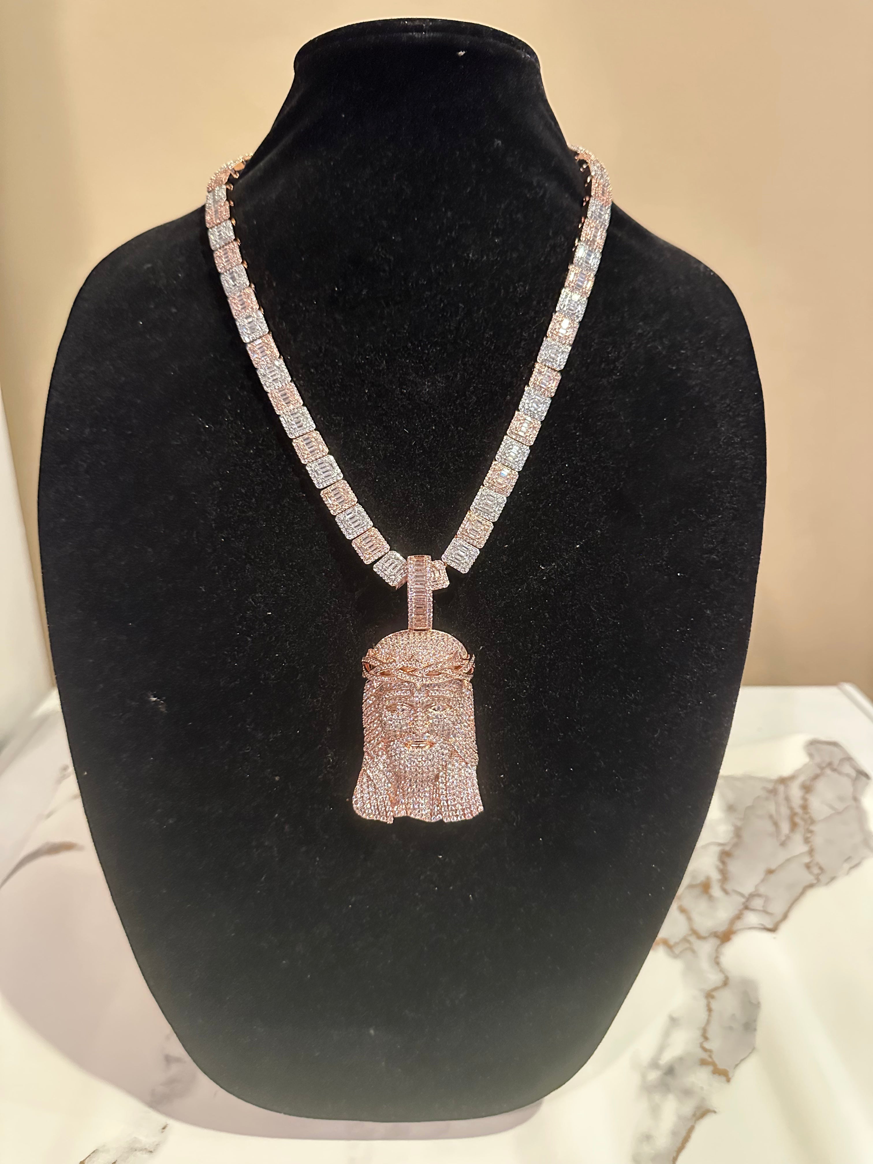 XXL Jesus Pendant 149ct Lab Sim VVS1 Diamond 12mm Tennis Baguette Necklace - Rose Gold 2-Tone