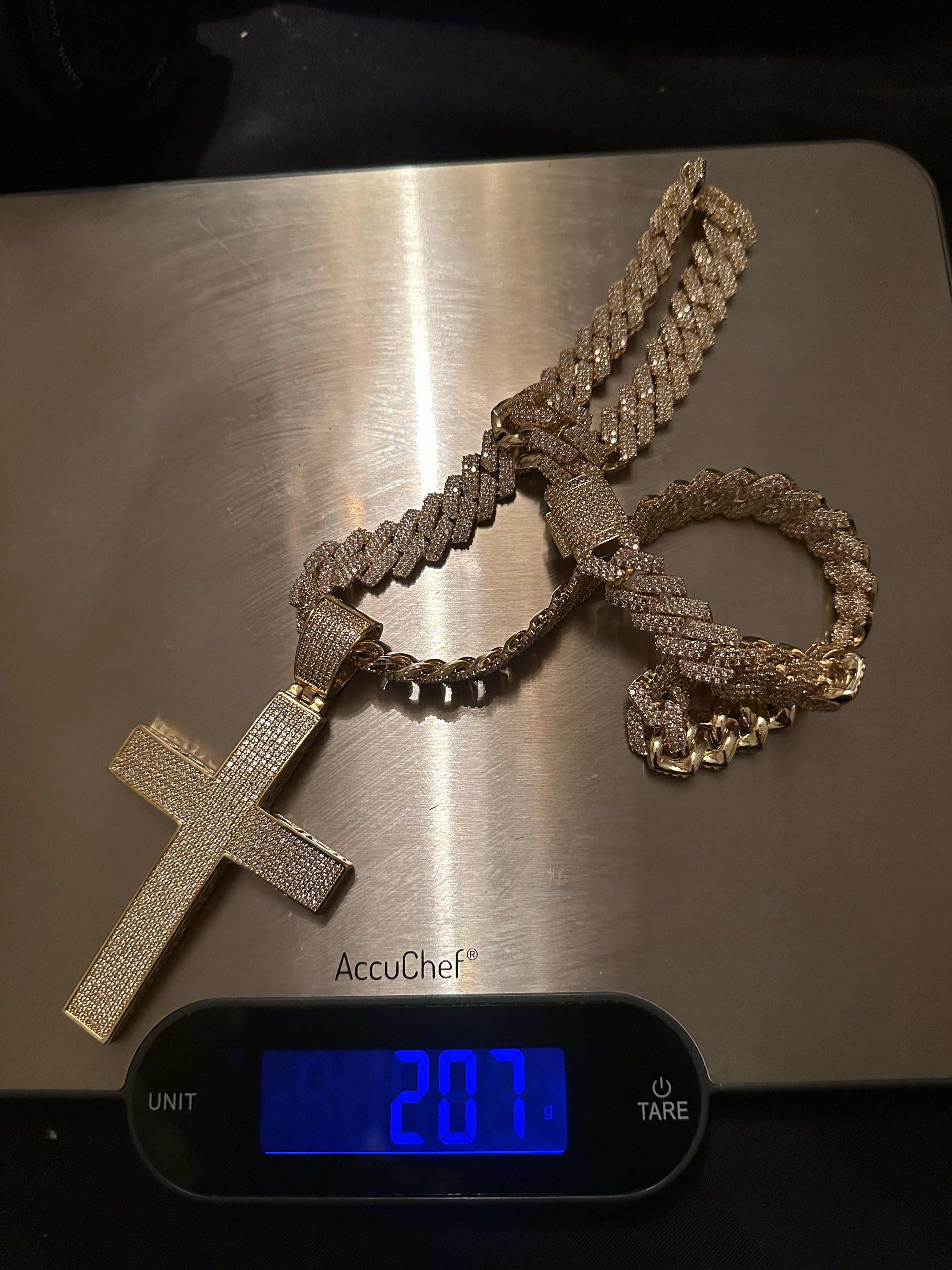 XL Cross Pendant 88.6ct Lab Sim VVS1 Diamond 14mm Cuban Prong Necklace- GOLD
