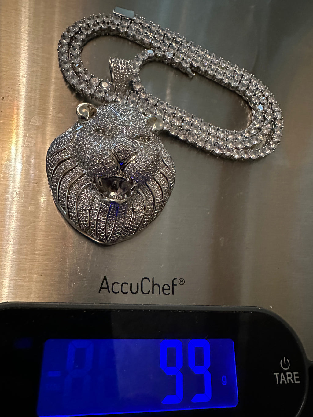 XL Lion Head Pendant 4mm Tennis 78.6ct Lab Sim VVS1 Diamond Necklace
