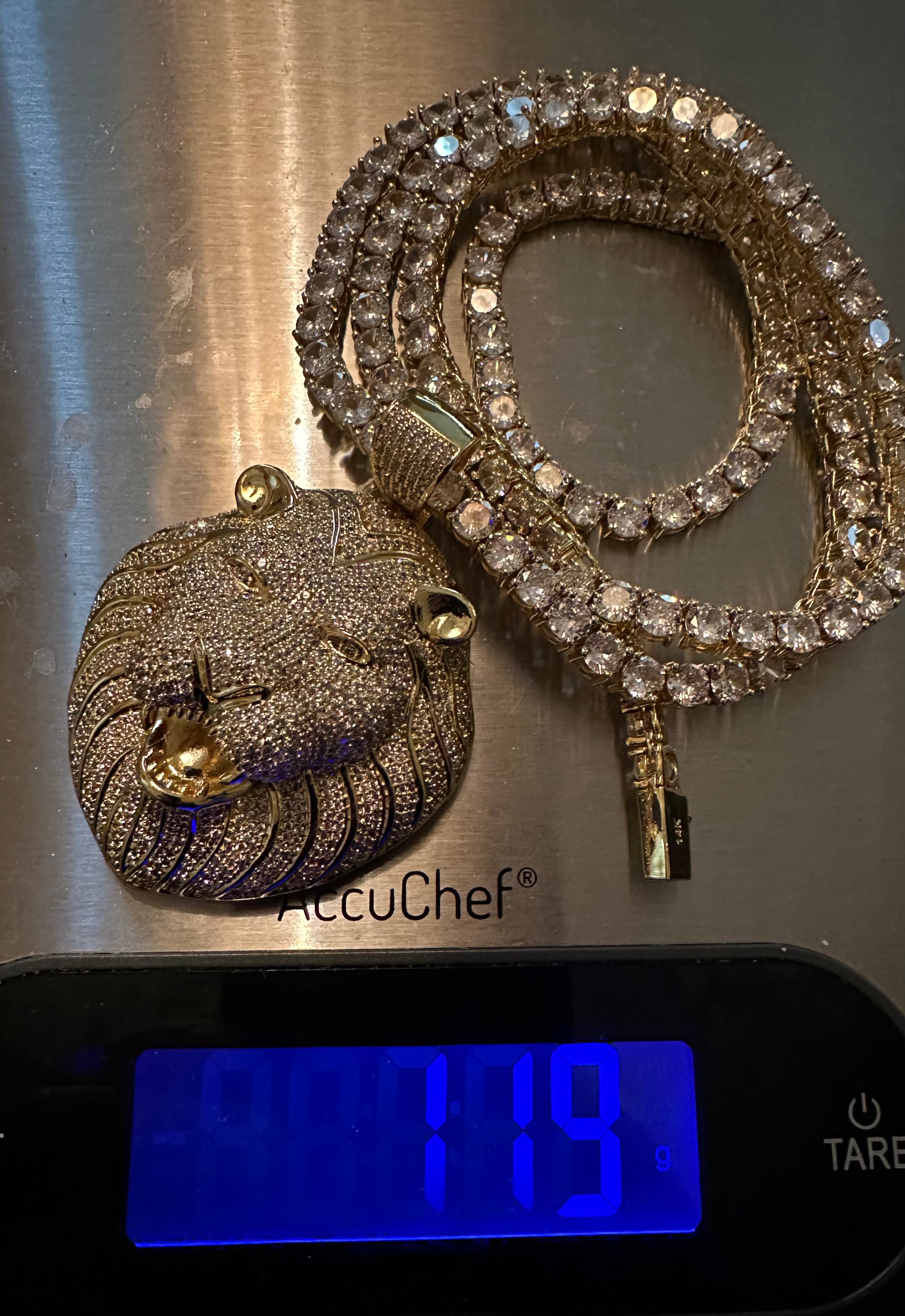 XL Lion Head Pendant 5mm Tennis 112.6ct Lab Sim VVS1 Diamond Necklace GOLD