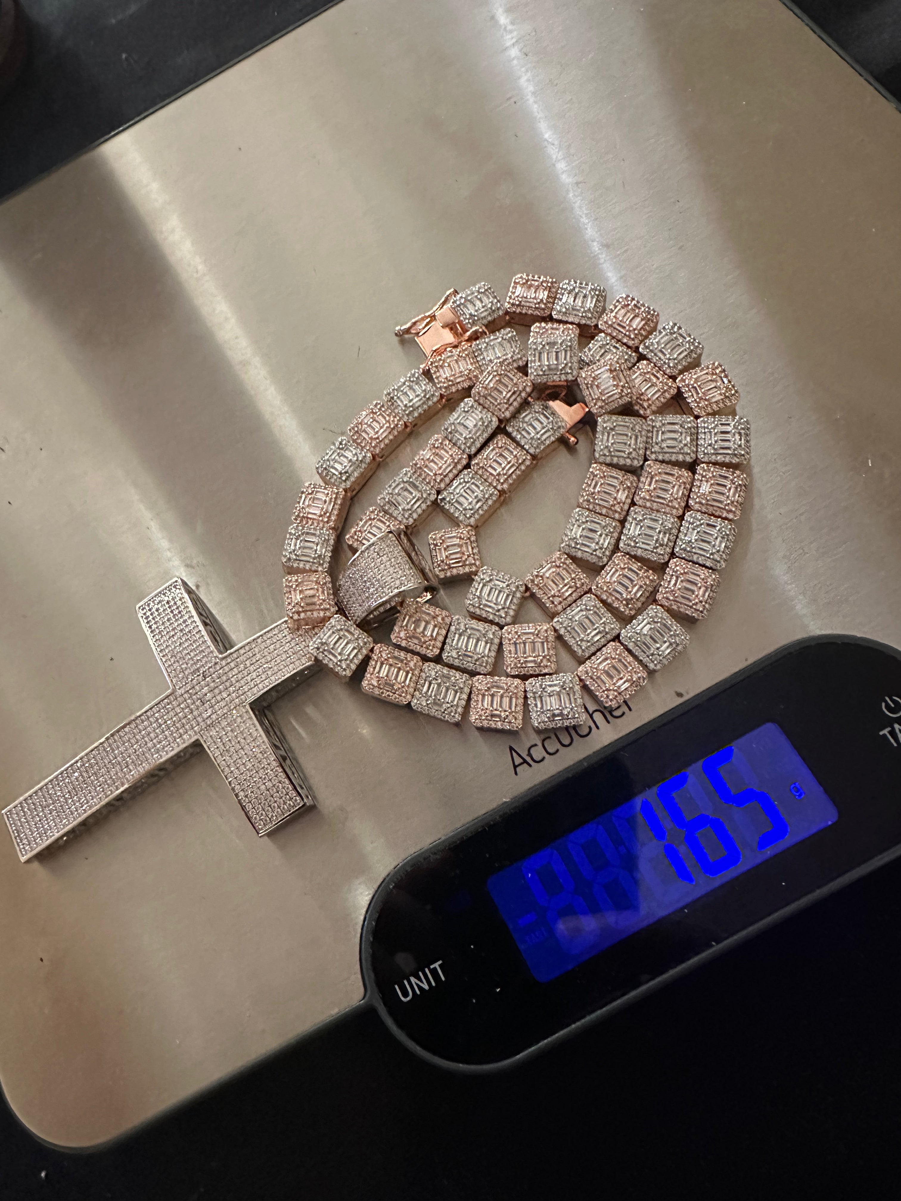 XL Cross Pendant 10mm Baguette Square Cushion-Cut Tennis Chain 144.6ct Lab Sim VVS1 Diamond Necklace - Rose/Silver