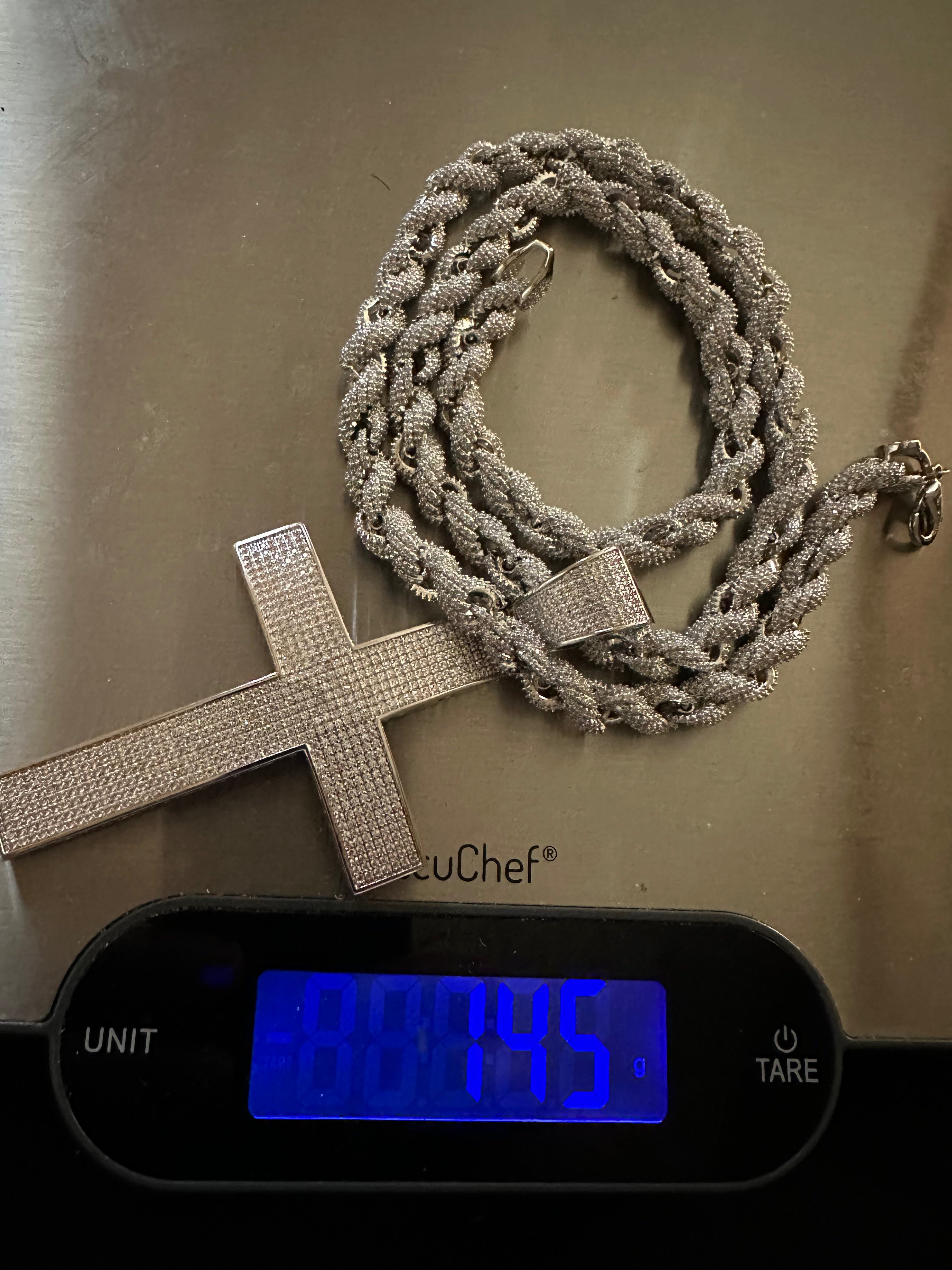 XL Cross Pendant 8mm Rope 75.8ct Lab Sim VVS1 Diamond Necklace