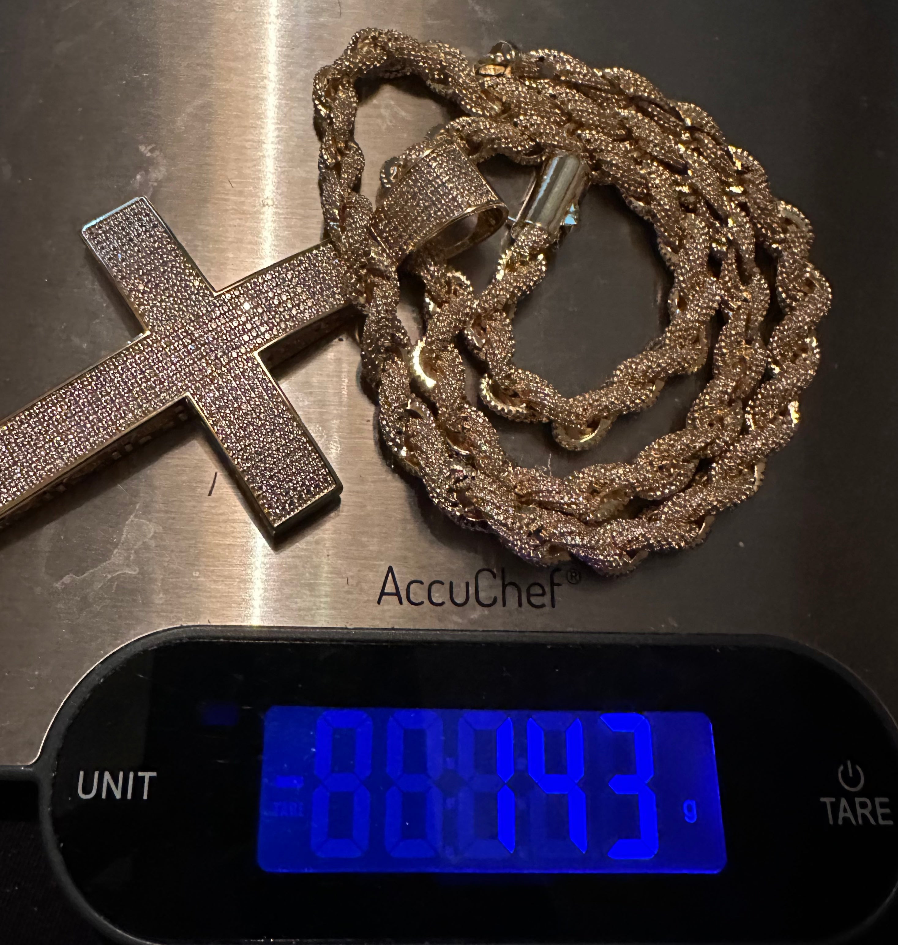XL Cross Pendant 8mm Rope 75.8ct Lab Sim VVS1 Diamond Necklace - GOLD