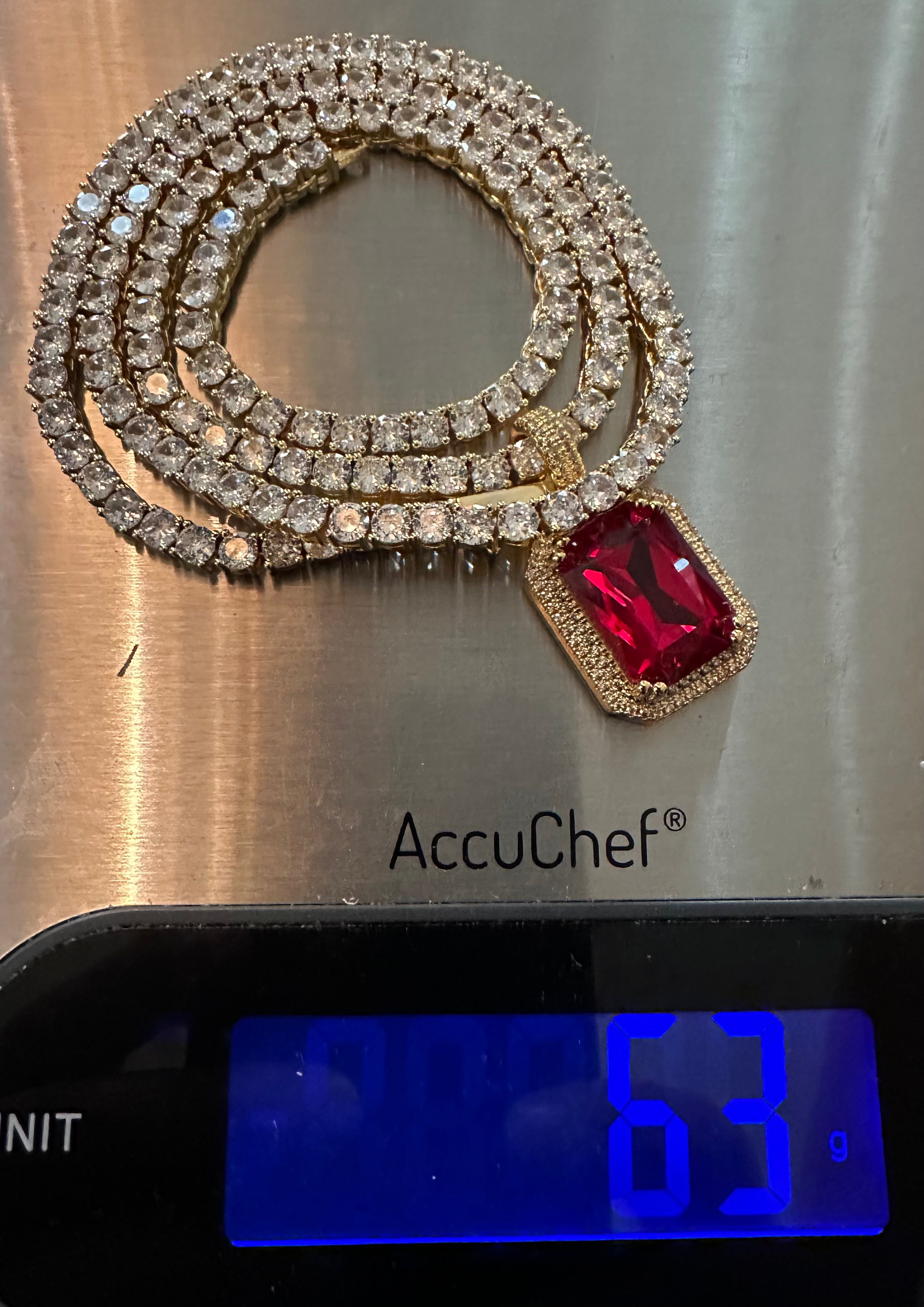 4mm Ruby Red Tennis Chain Necklace 75ct Lab Sim Diamond Pendant - GOLD