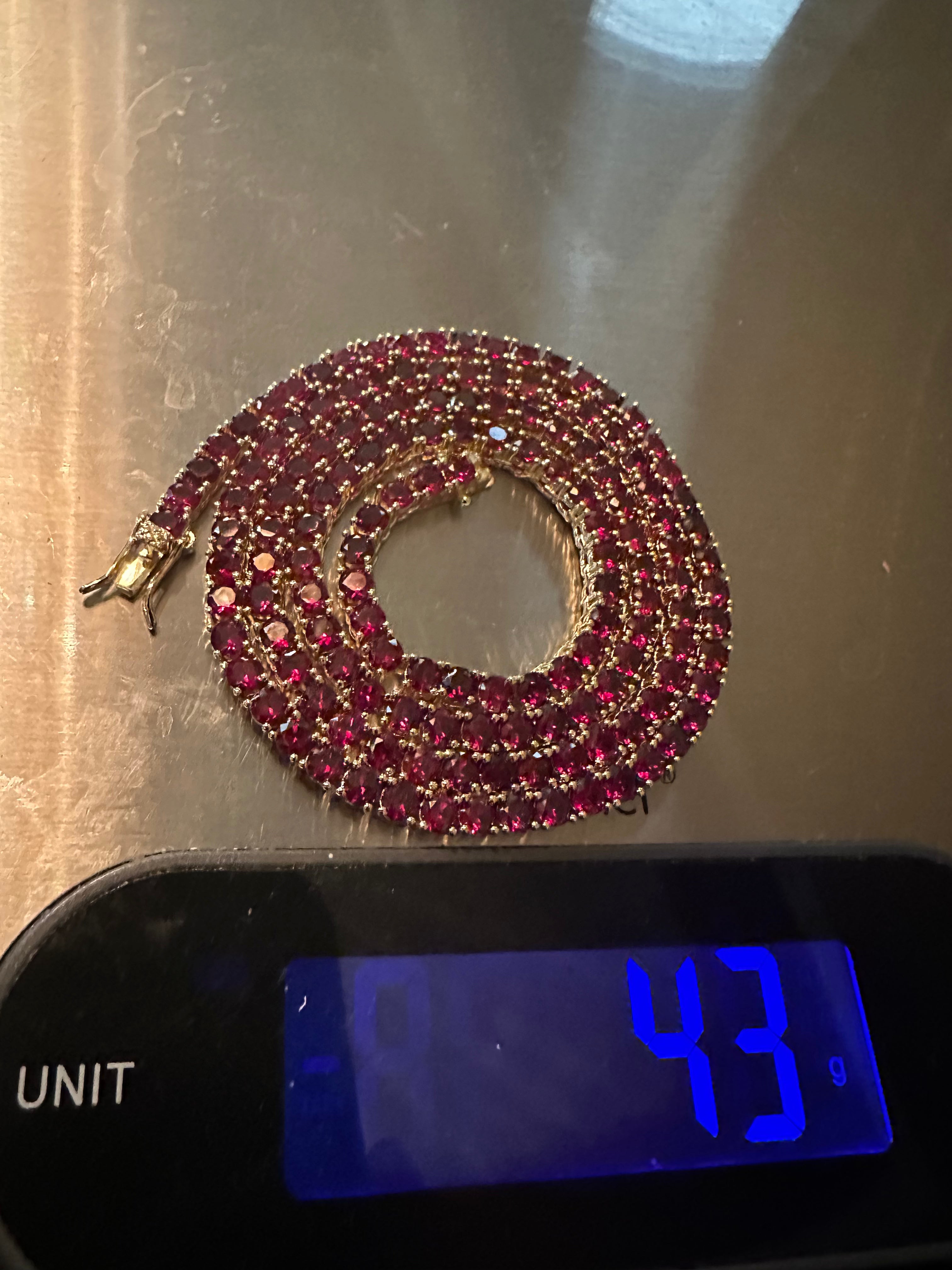 4mm Tennis Chain 70ct Lab Sim VVS1 Diamond Gemstone Necklace GOLD - RUBY RED