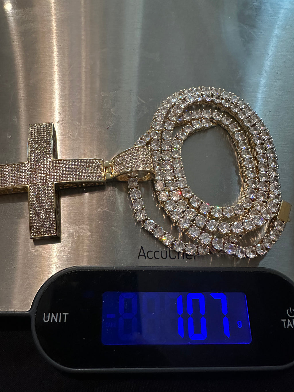 XXL Cross PENDANT 5mm Tennis Chain 120.8ct Lab Sim VVS1 Diamond Necklace - Gold