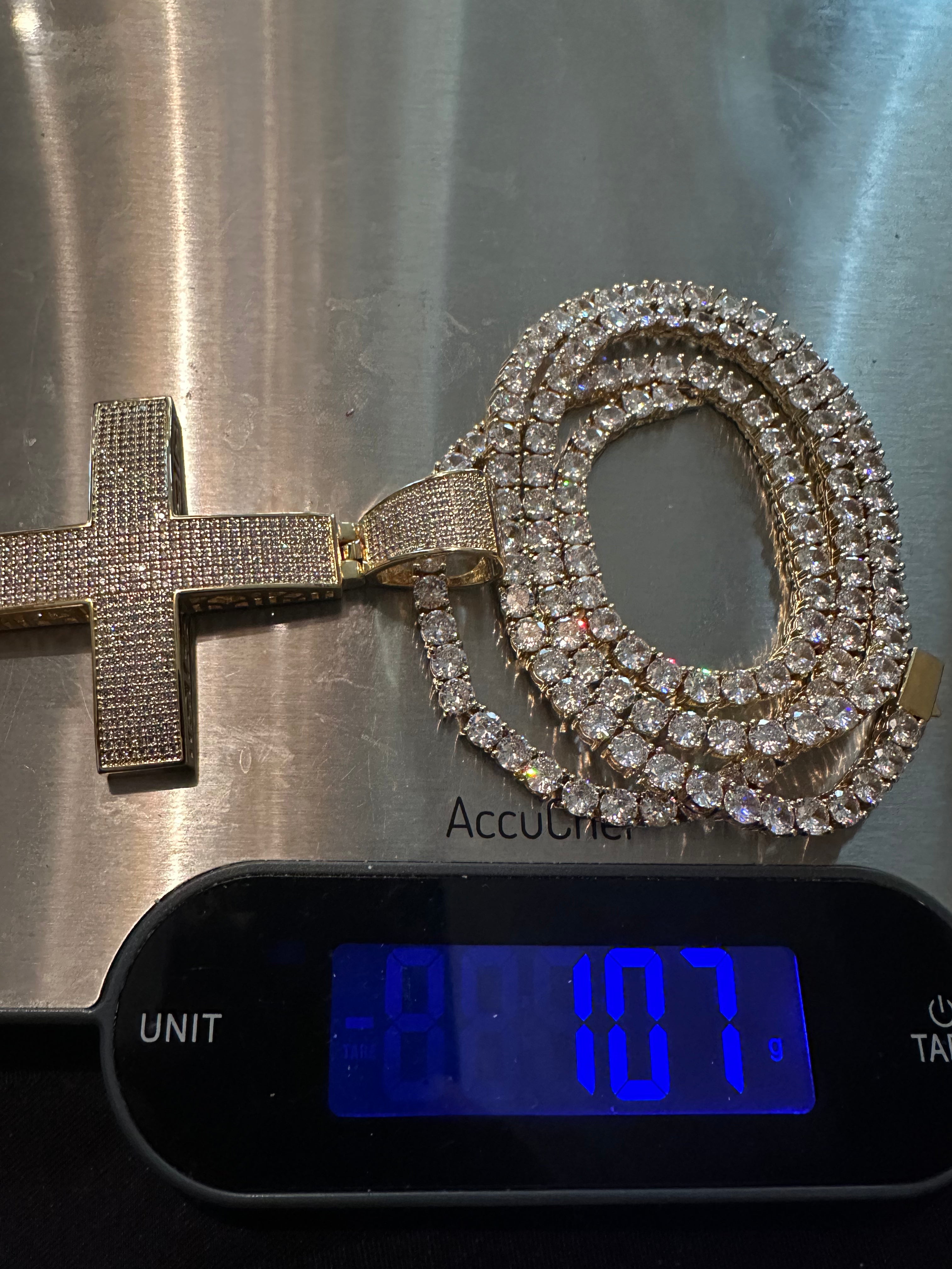 XXL Cross PENDANT 5mm Tennis Chain 120.8ct Lab Sim VVS1 Diamond Necklace - Gold