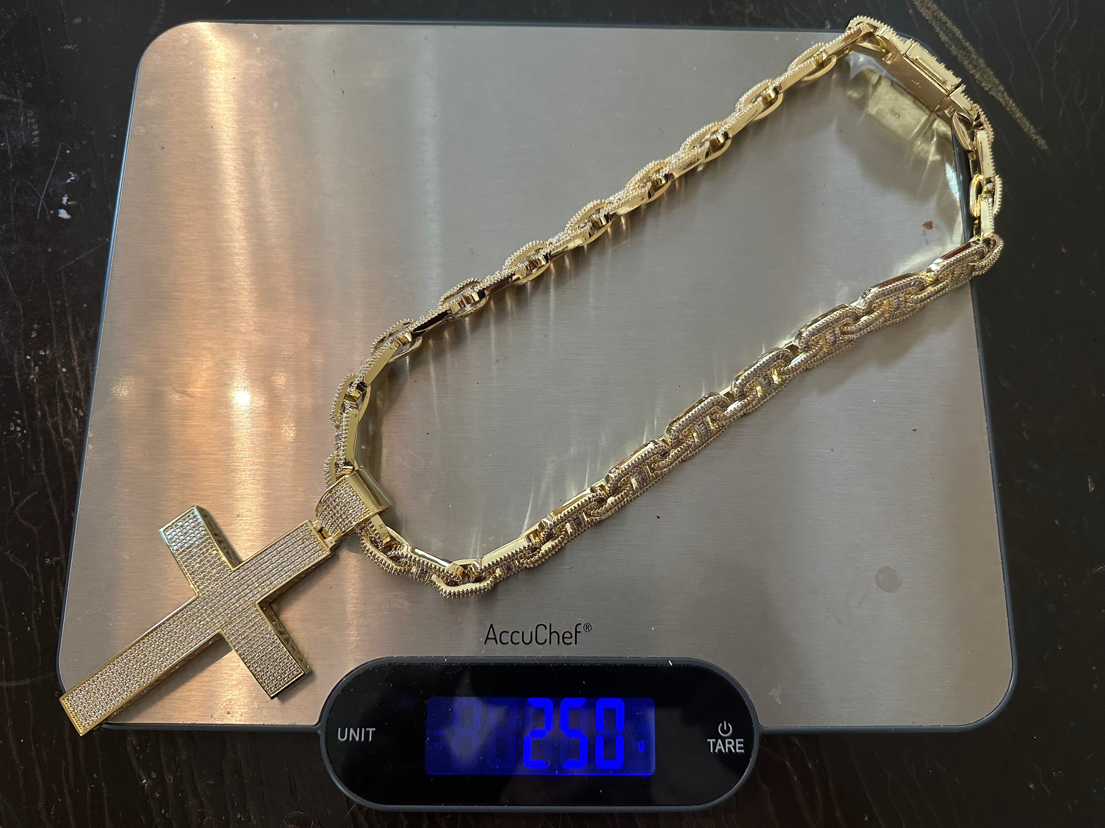 XXL CROSS 14mm Mariner Chain 96.8ct BAGUETTE Lab Sim VVS1 Diamond - GOLD