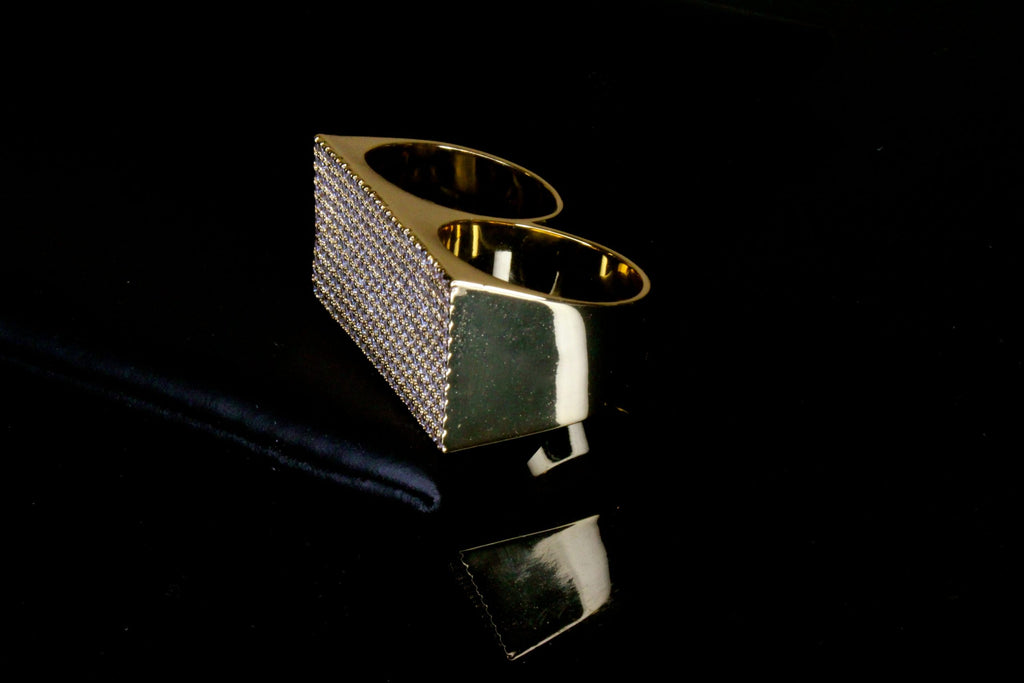 2-Finger Brass Knuckz 5ct Lab Sim VVS1 Diamonds Ring - Gold