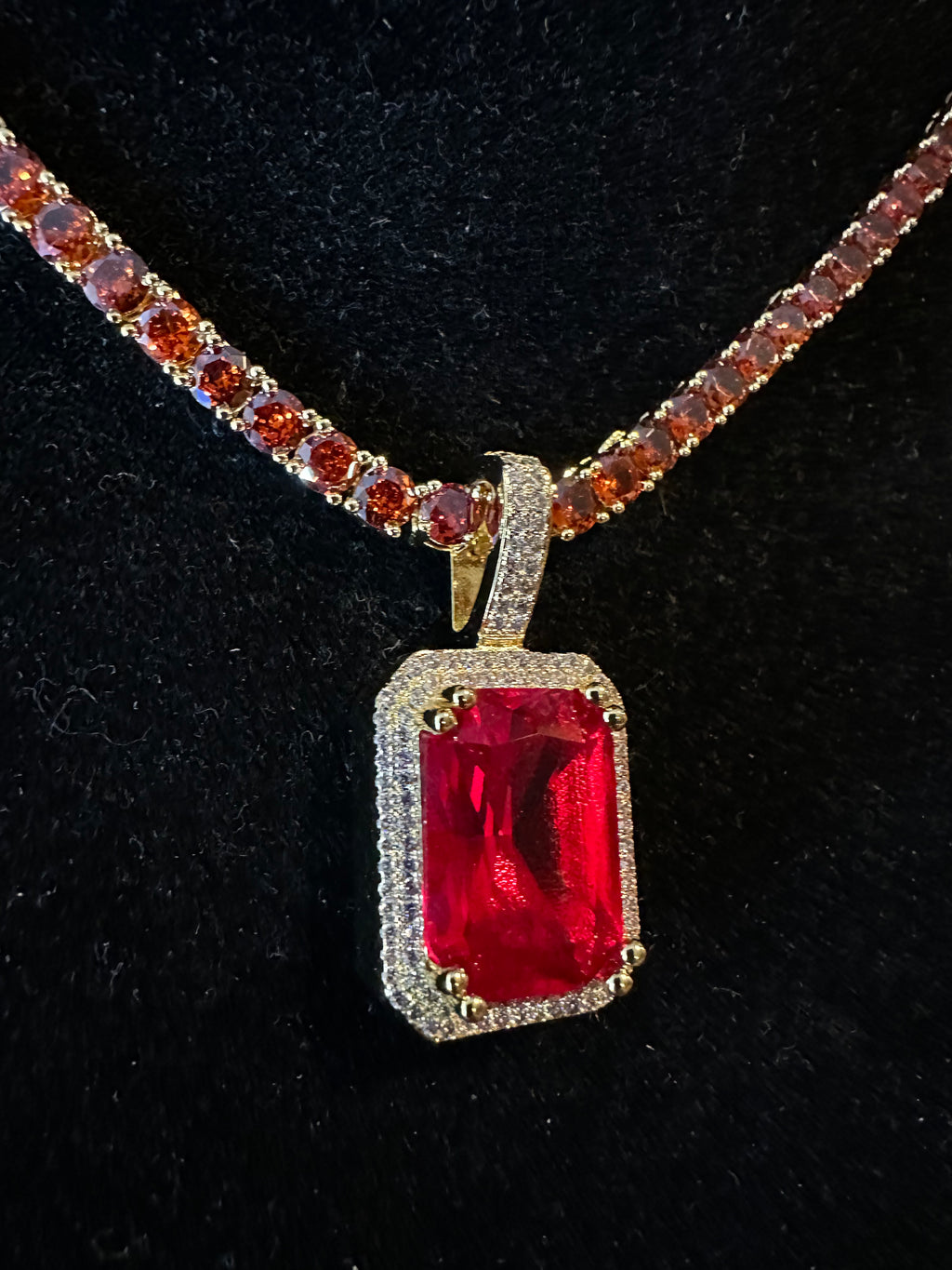 4mm Ruby Red Tennis Chain Necklace 62ct Lab Sim Diamond Pendant - Red SAPPHIRE