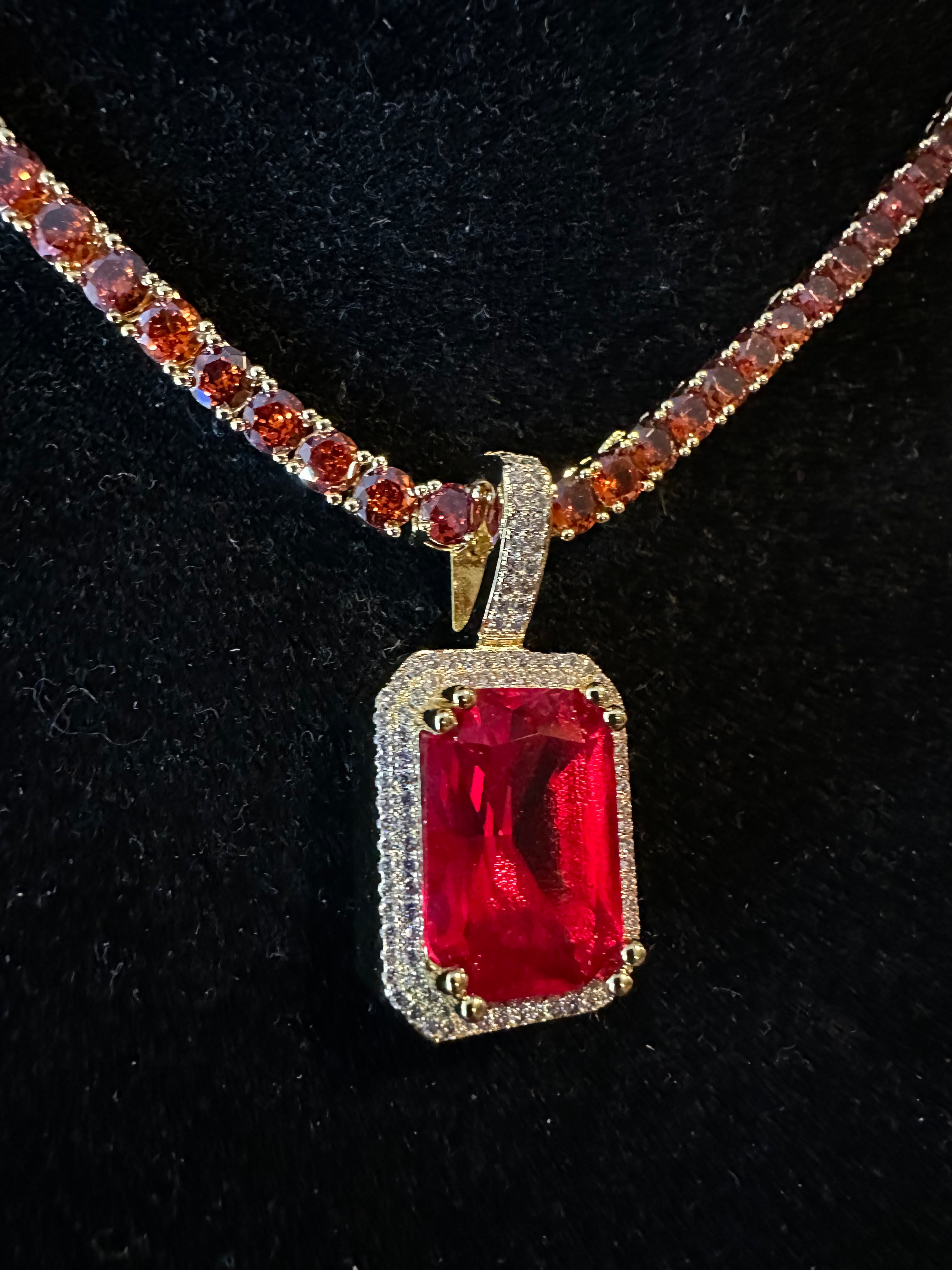 4mm Ruby Red Tennis Chain Necklace 62ct Lab Sim Diamond Pendant - Red SAPPHIRE