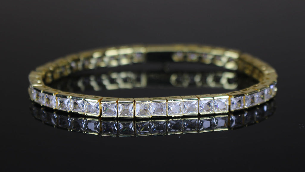 4mm Baguette Square Cushion-Cut Tennis Bracelet 15.75ct Lab Sim Diamonds- Gold