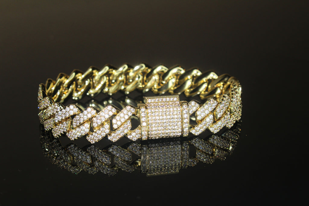 14mm Cuban Miami Prong 18.2ctw Lab Sim VVS1 Diamonds Bracelet Gold