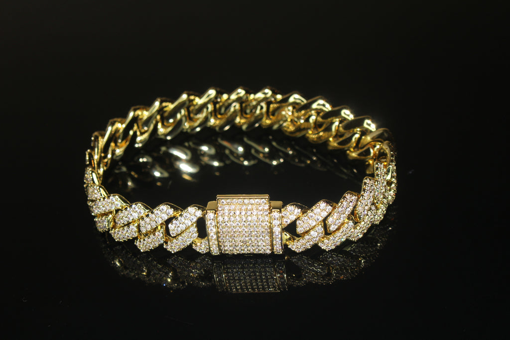 14mm Cuban Miami Prong 18.2ctw Lab Sim VVS1 Diamonds Bracelet Gold