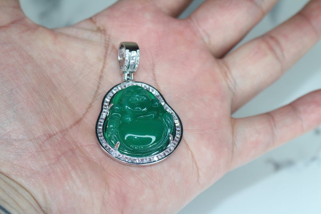 Happy Buddha Jade Pendant TENNIS 74ct Lab Sim BAGUETTE Diamond - GREEN