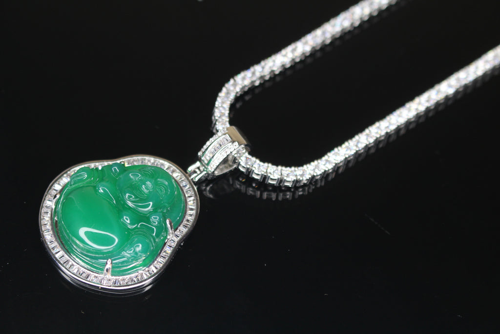 Happy Buddha Jade Pendant TENNIS 74ct Lab Sim BAGUETTE Diamond - GREEN