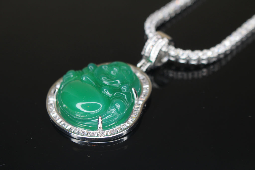 Happy Buddha Jade Pendant TENNIS 74ct Lab Sim BAGUETTE Diamond - GREEN