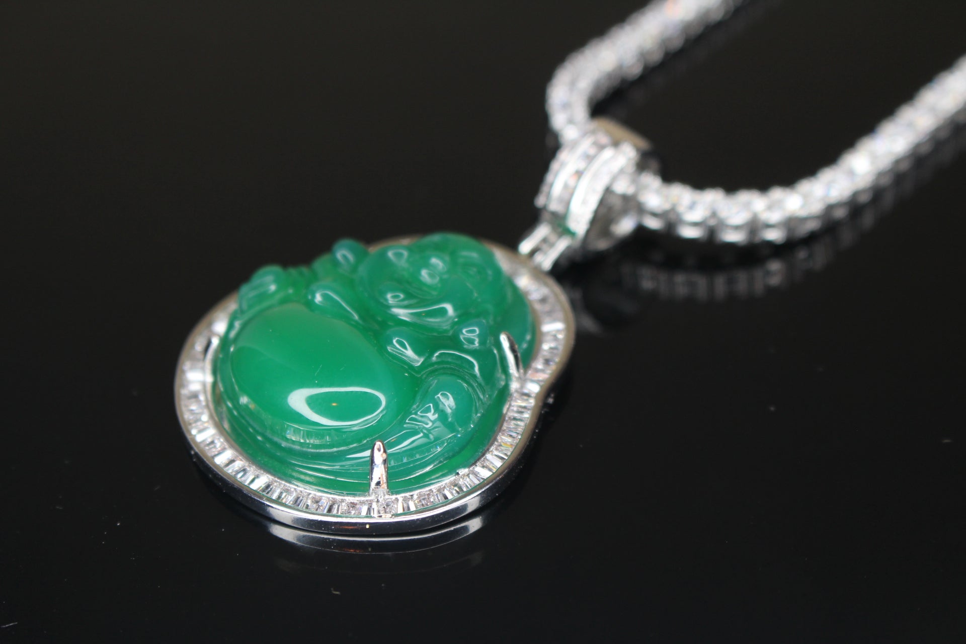 Happy Buddha Jade Pendant TENNIS 74ct Lab Sim BAGUETTE Diamond - GREEN
