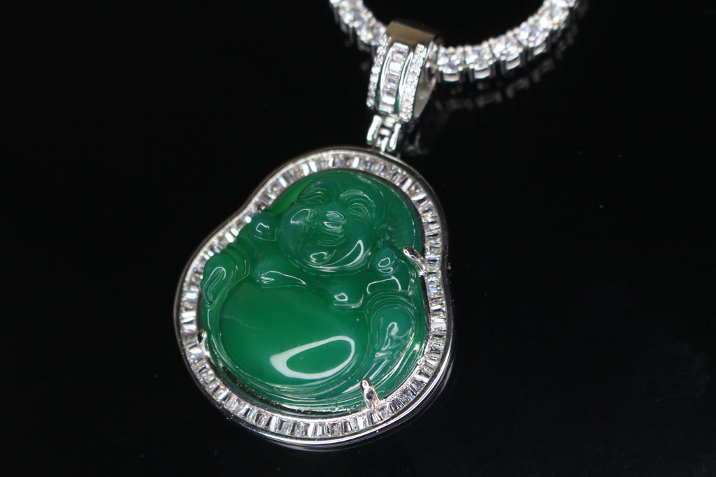 Happy Buddha Jade Pendant TENNIS 74ct Lab Sim BAGUETTE Diamond - GREEN