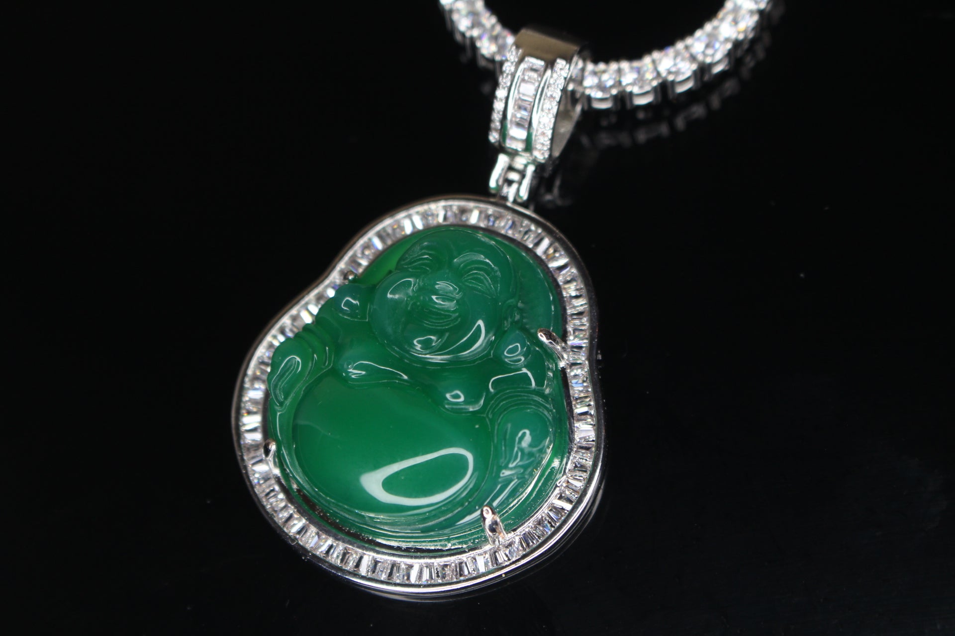 Happy Buddha Jade Pendant TENNIS 74ct Lab Sim BAGUETTE Diamond - GREEN