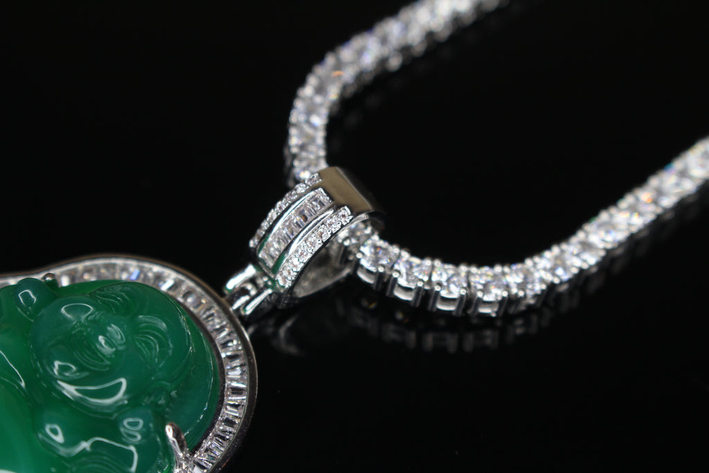 Happy Buddha Jade Pendant TENNIS 74ct Lab Sim BAGUETTE Diamond - GREEN