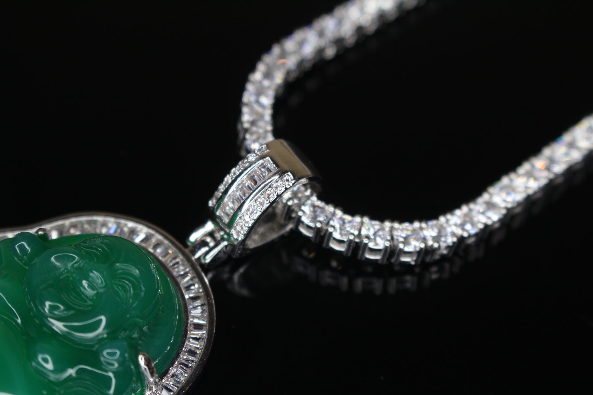 Happy Buddha Jade Pendant TENNIS 74ct Lab Sim BAGUETTE Diamond - GREEN