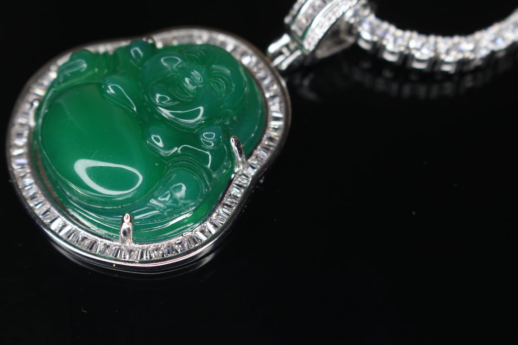 Happy Buddha Jade Pendant TENNIS 74ct Lab Sim BAGUETTE Diamond - GREEN