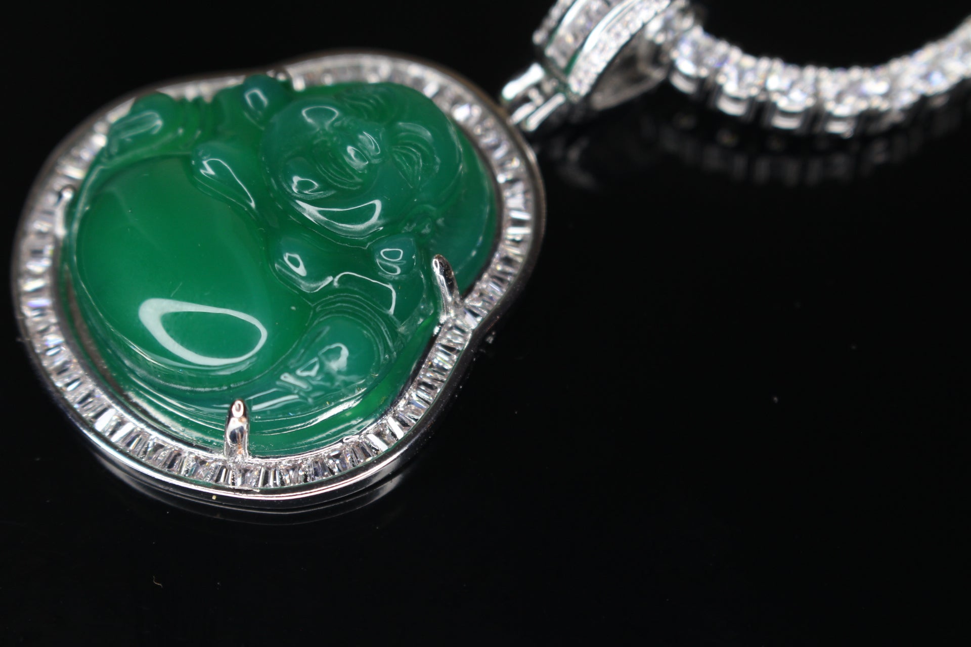 Happy Buddha Jade Pendant TENNIS 74ct Lab Sim BAGUETTE Diamond - GREEN