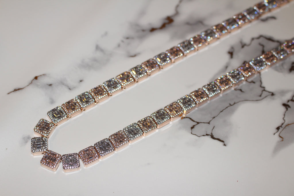 10mm Baguette Square Cushion-Cut Tennis Chain 124.6ct Lab Sim VVS1 Diamond Necklace - Rose/White Gold
